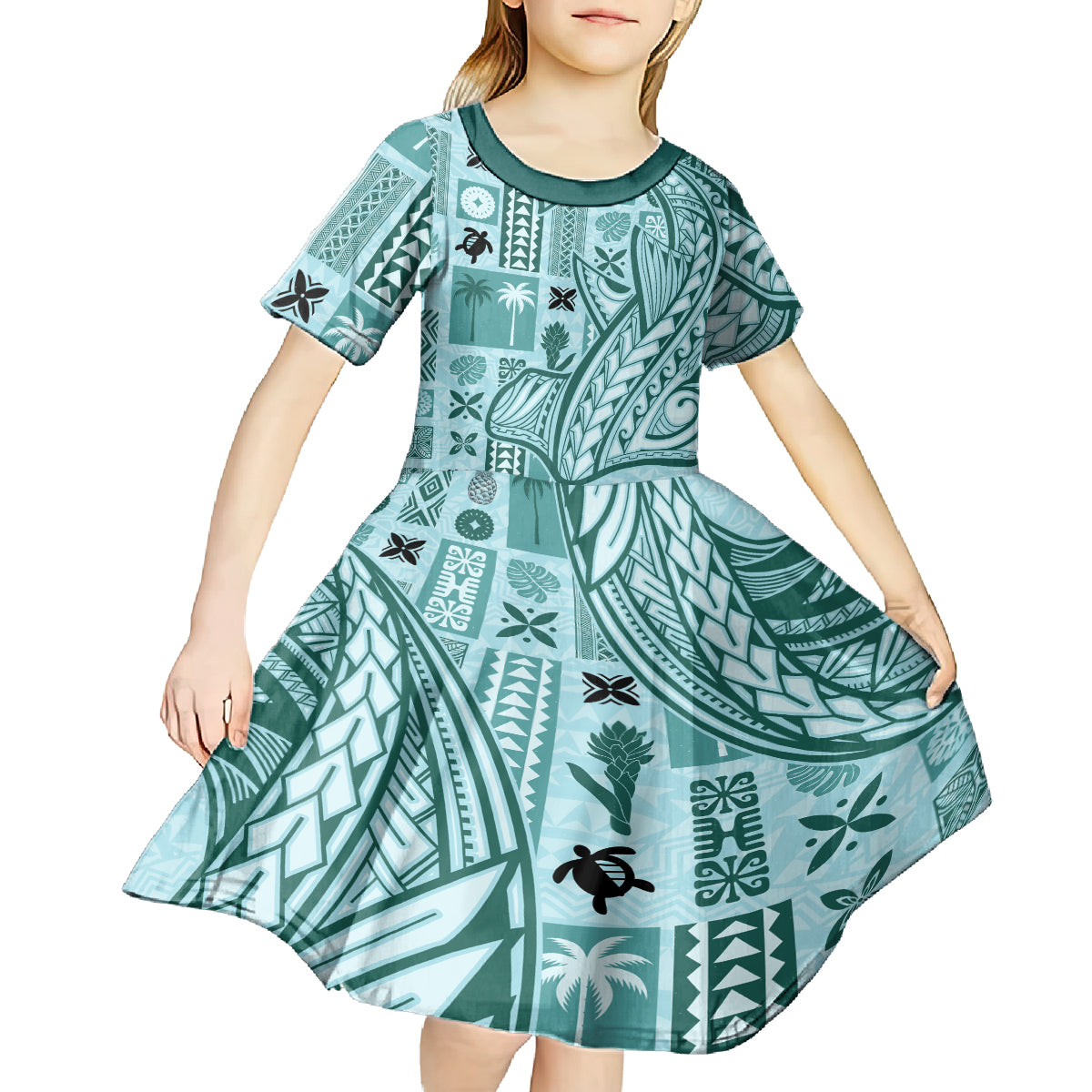 Samoa Tapa Kid Short Sleeve Dress Siapo Mix Tatau Patterns - Teal LT7 - Polynesian Pride