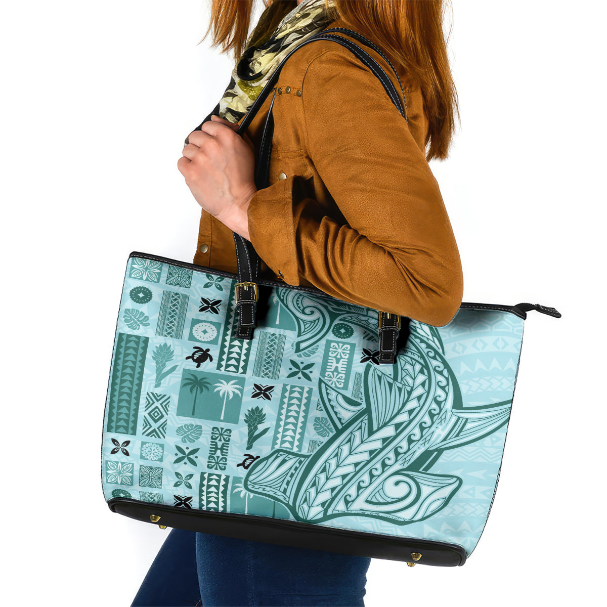 Samoa Tapa Leather Tote Bag - Siapo Mix Tatau Patterns Teal LT7 Teal - Polynesian Pride