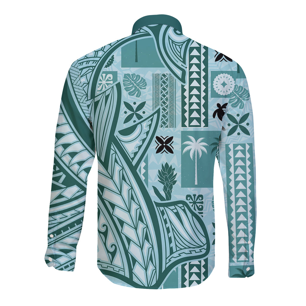 Samoa Tapa Long Sleeve Button Shirt Siapo Mix Tatau Patterns - Teal LT7 - Polynesian Pride