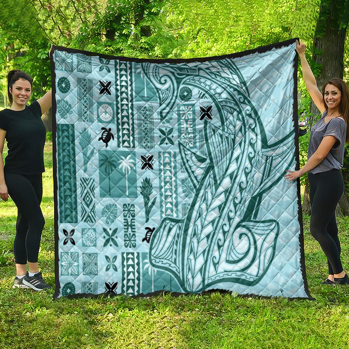 Samoa Tapa Quilt - Siapo Mix Tatau Patterns Teal LT7 - Polynesian Pride