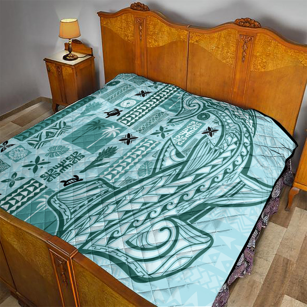 Samoa Tapa Quilt - Siapo Mix Tatau Patterns Teal LT7 - Polynesian Pride