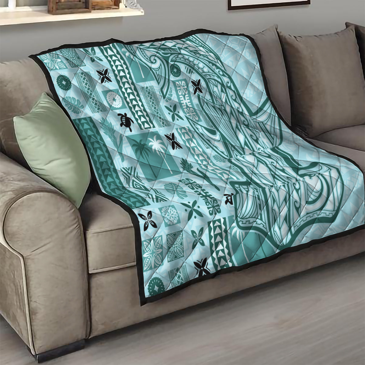 Samoa Tapa Quilt - Siapo Mix Tatau Patterns Teal LT7 - Polynesian Pride