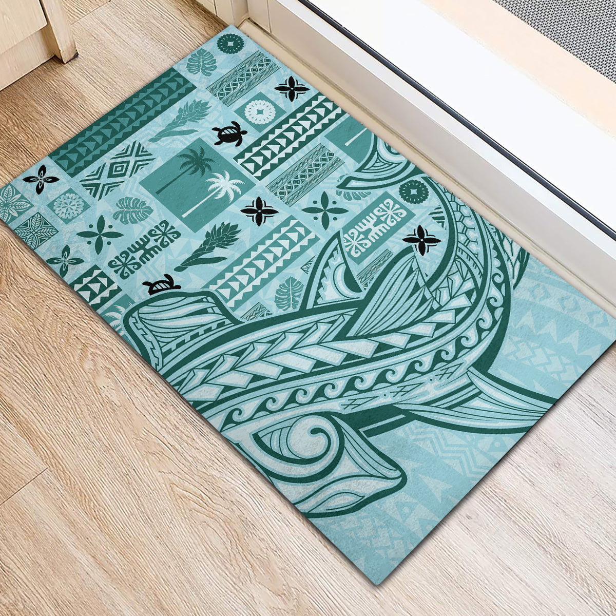 Samoa Tapa Rubber Doormat Siapo Mix Tatau Patterns - Teal LT7 - Polynesian Pride
