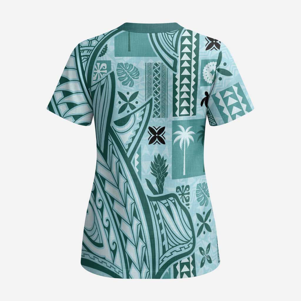 Samoa Tapa Scrub Top Siapo Mix Tatau Patterns - Teal - Polynesian Pride