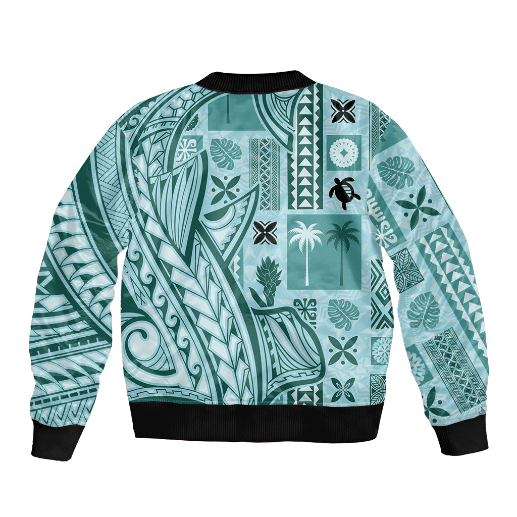 Samoa Tapa Sleeve Zip Bomber Jacket Siapo Mix Tatau Patterns - Teal LT7 - Polynesian Pride