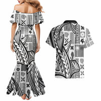 Samoa Tapa Couples Matching Mermaid Dress and Hawaiian Shirt Siapo Mix Tatau Patterns - White LT7 - Polynesian Pride