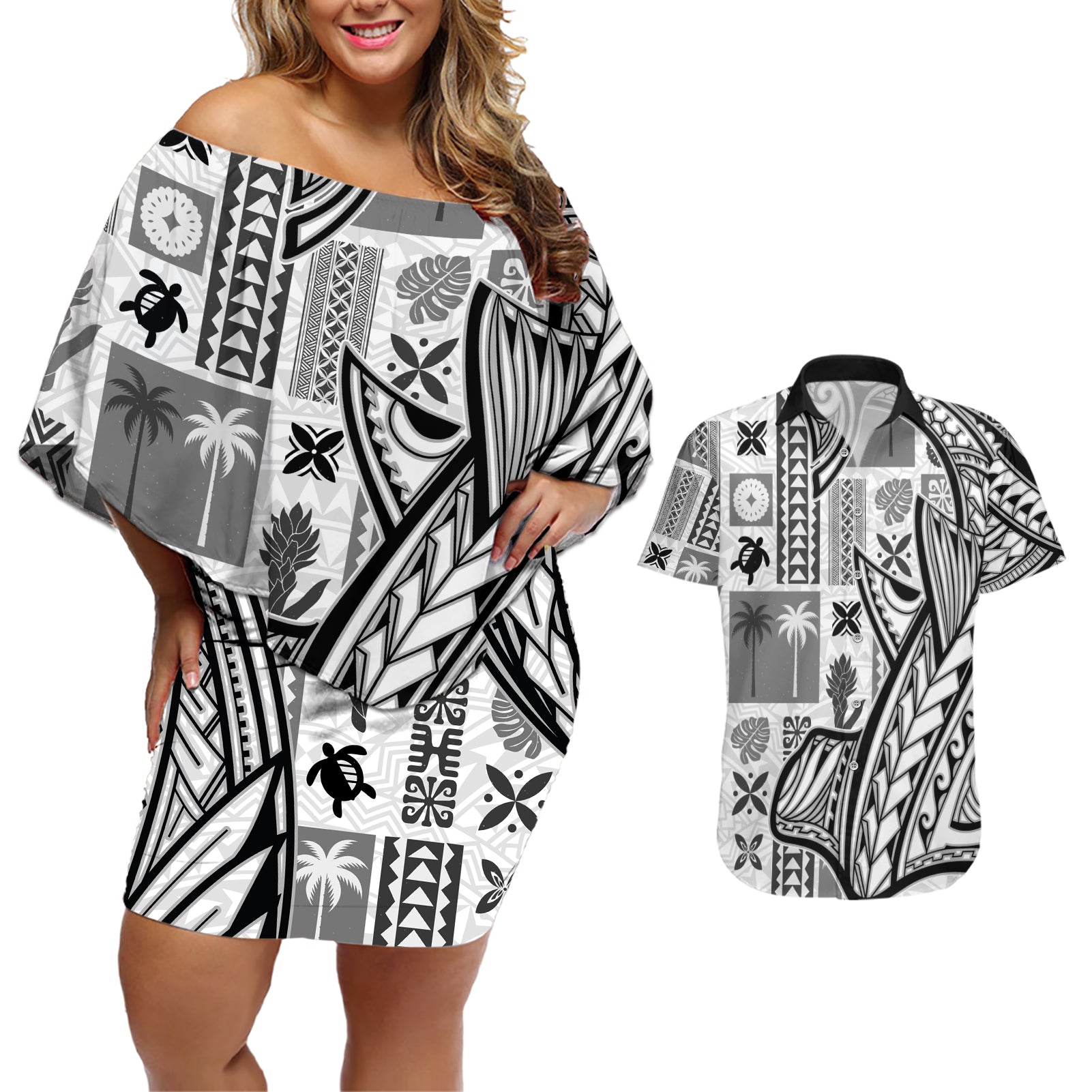 Samoa Tapa Couples Matching Off Shoulder Short Dress and Hawaiian Shirt Siapo Mix Tatau Patterns - White LT7 White - Polynesian Pride