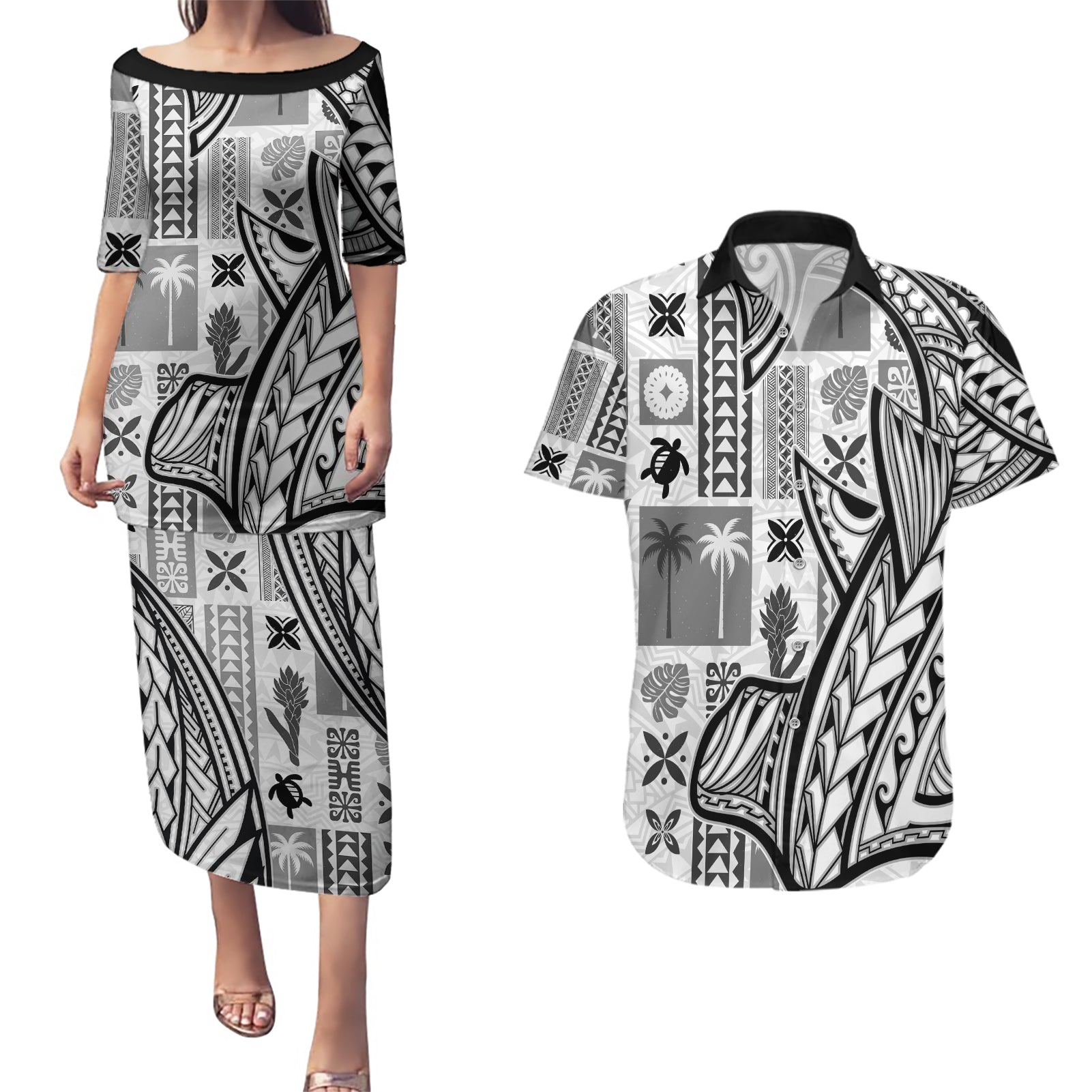 Samoa Tapa Couples Matching Puletasi Dress and Hawaiian Shirt Siapo Mix Tatau Patterns - White LT7 White - Polynesian Pride