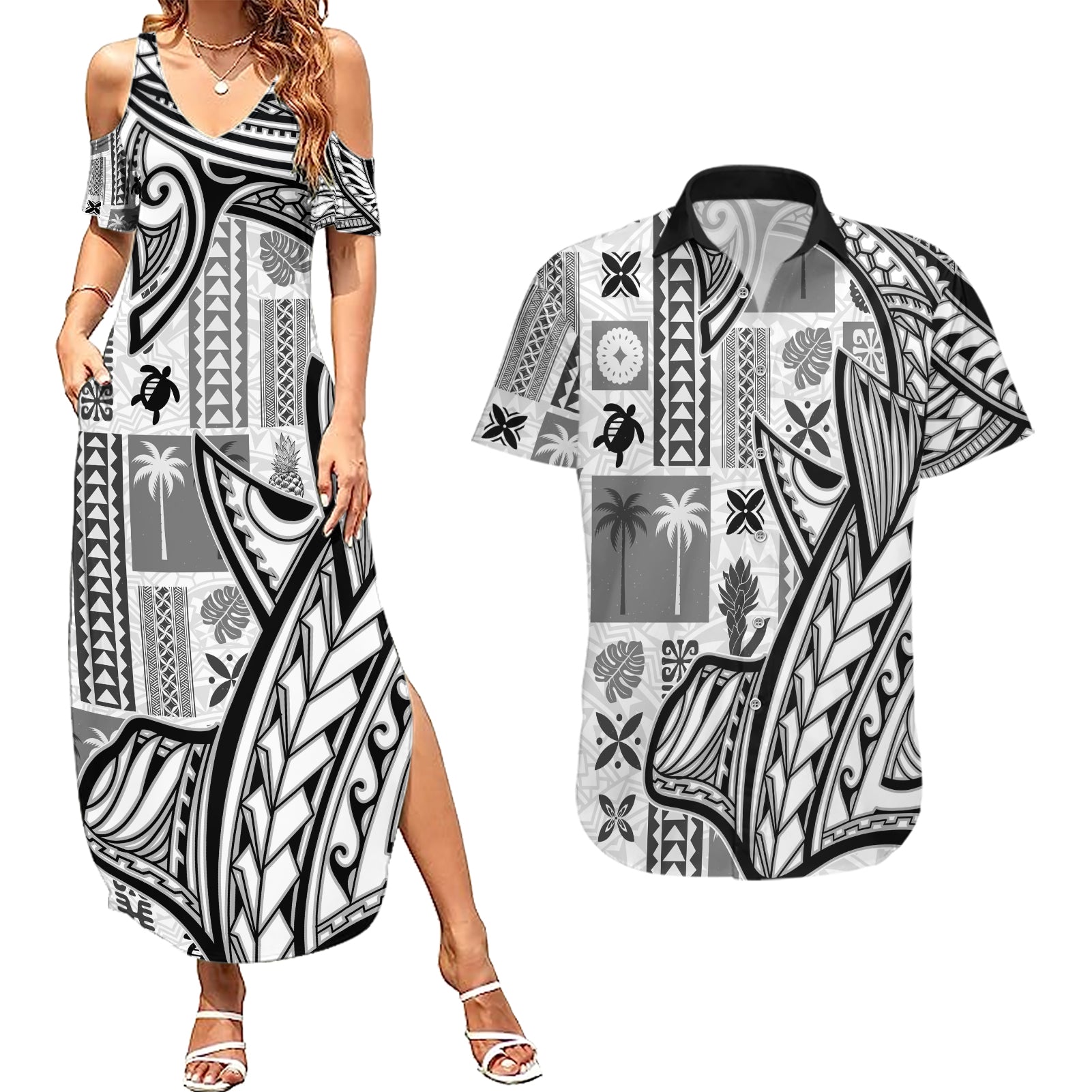 Samoa Tapa Couples Matching Summer Maxi Dress and Hawaiian Shirt Siapo Mix Tatau Patterns - White LT7 White - Polynesian Pride