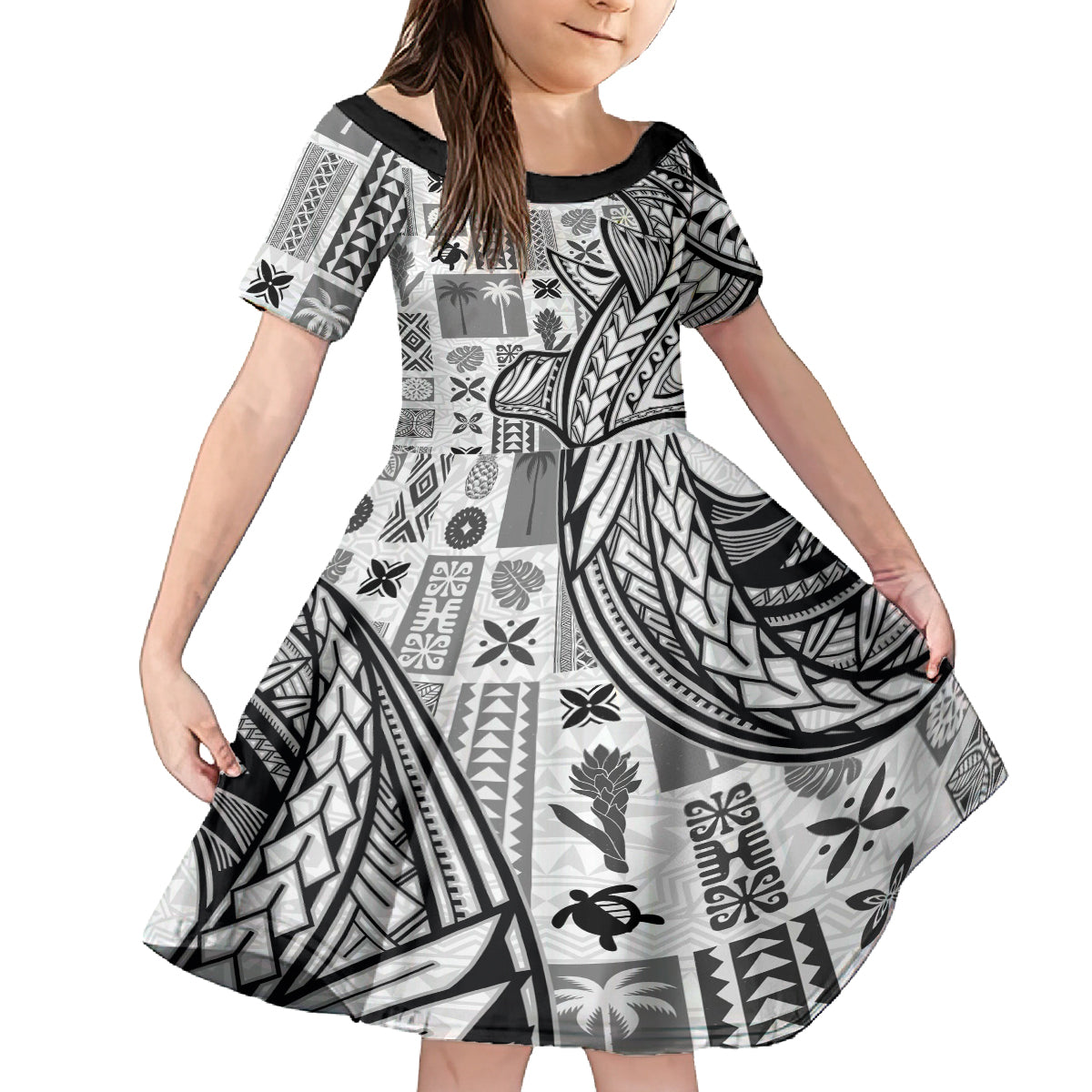 Samoa Tapa Family Matching Off Shoulder Maxi Dress and Hawaiian Shirt Siapo Mix Tatau Patterns - White LT7 Daughter's Dress White - Polynesian Pride