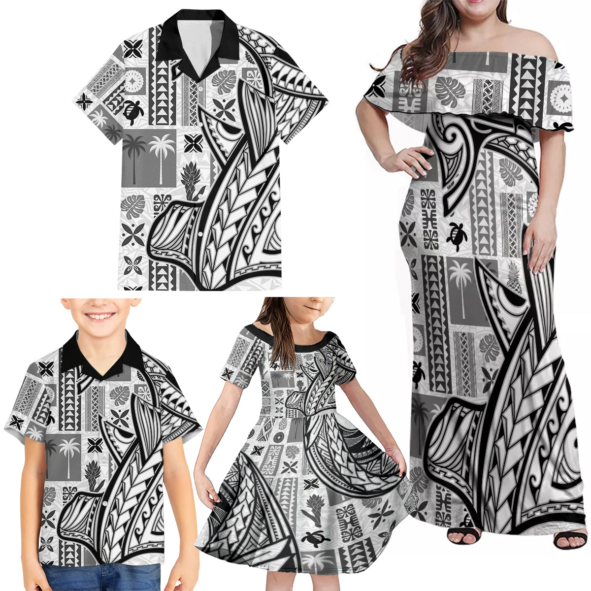 Samoa Tapa Family Matching Off Shoulder Maxi Dress and Hawaiian Shirt Siapo Mix Tatau Patterns - White LT7 - Polynesian Pride