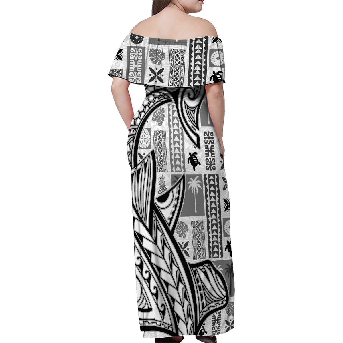 Samoa Tapa Family Matching Off Shoulder Maxi Dress and Hawaiian Shirt Siapo Mix Tatau Patterns - White LT7 - Polynesian Pride