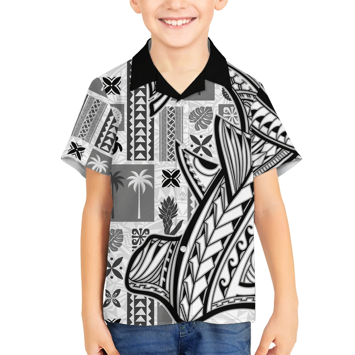 Samoa Tapa Family Matching Puletasi Dress and Hawaiian Shirt Siapo Mix Tatau Patterns - White LT7 Son's Shirt White - Polynesian Pride
