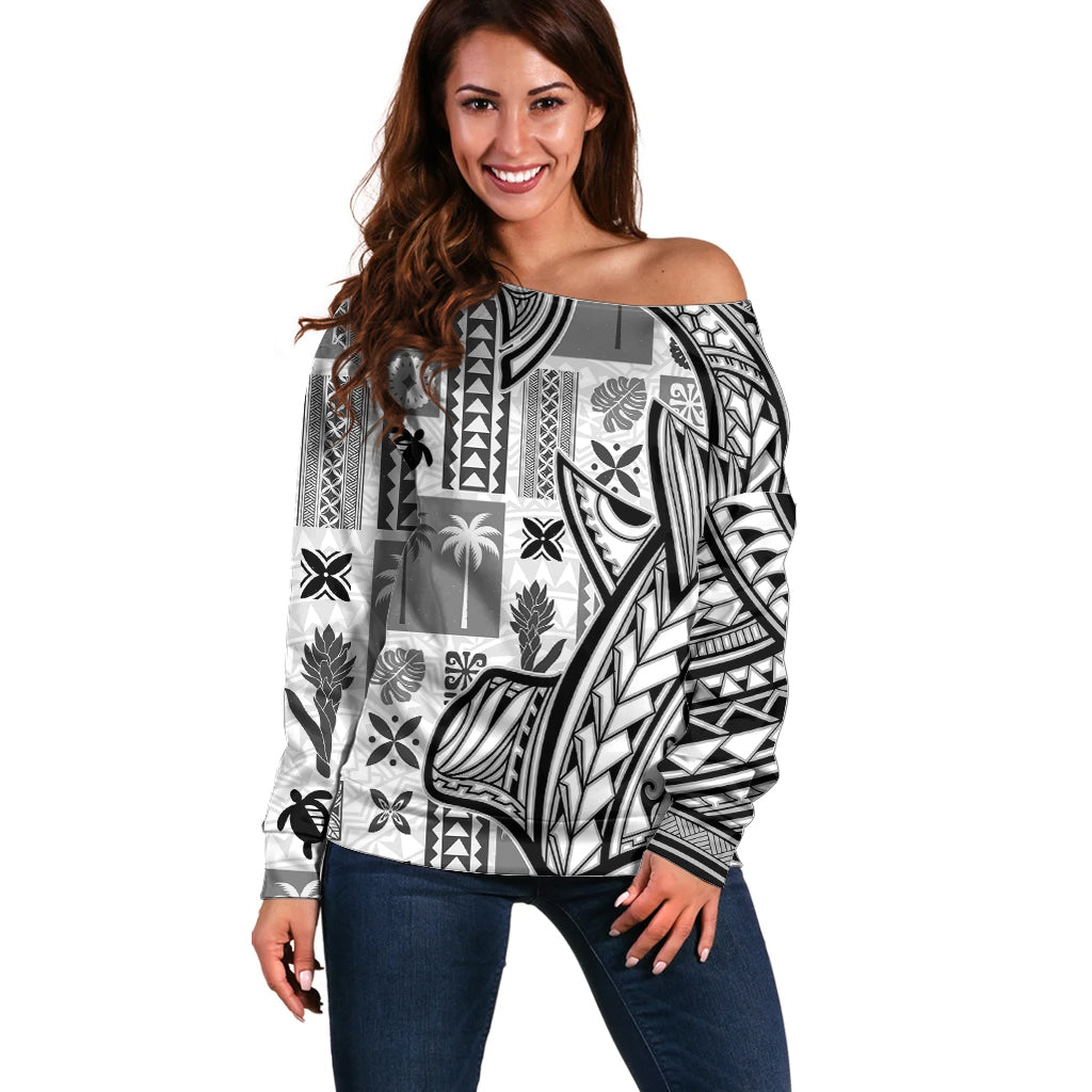 Samoa Tapa Off Shoulder Sweater Siapo Mix Tatau Patterns - White LT7 Women White - Polynesian Pride