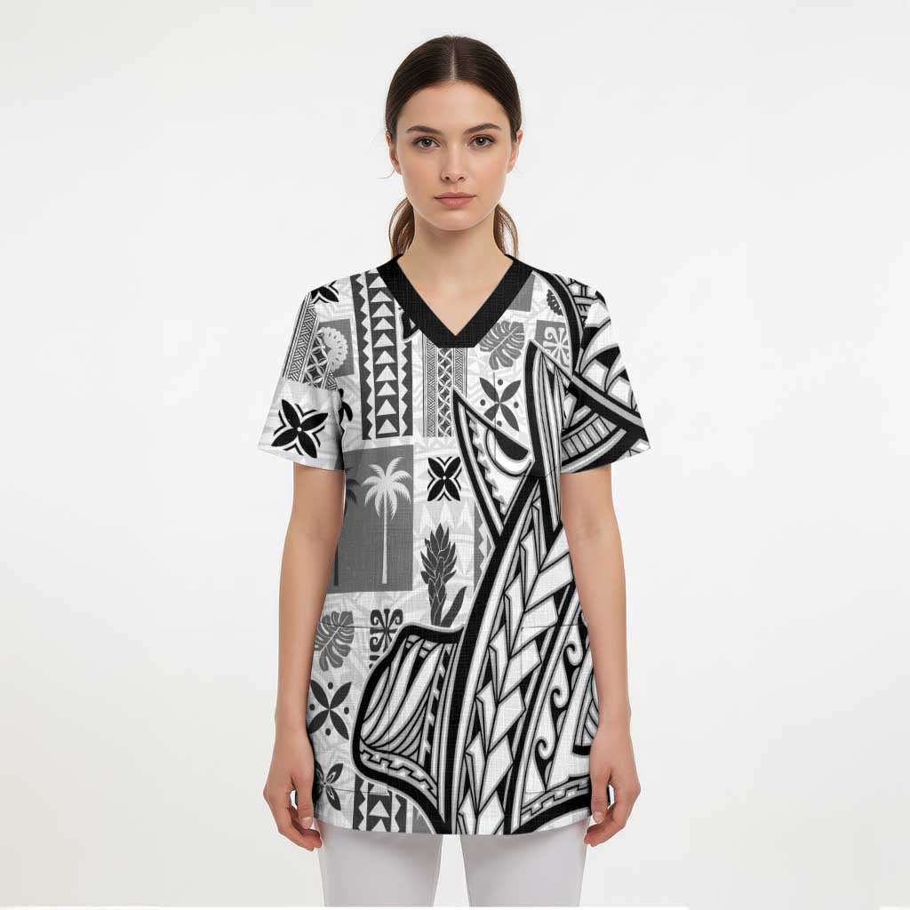 Samoa Tapa Scrub Top Siapo Mix Tatau Patterns - White - Polynesian Pride