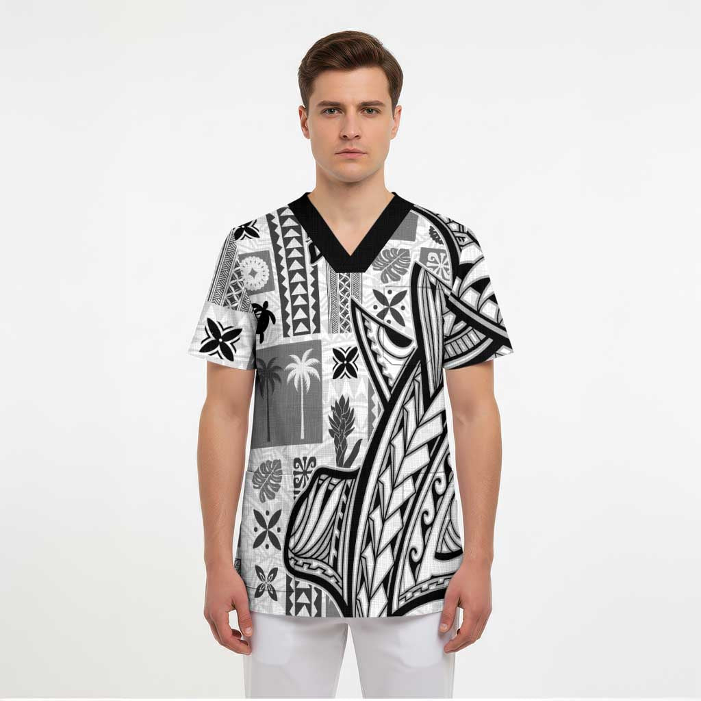 Samoa Tapa Scrub Top Siapo Mix Tatau Patterns - White - Polynesian Pride