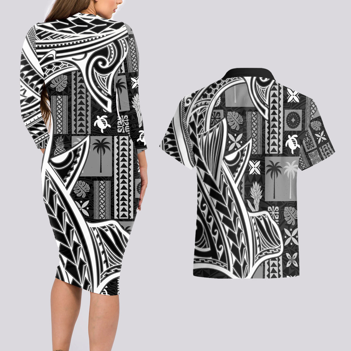 Samoa Tapa Couples Matching Long Sleeve Bodycon Dress and Hawaiian Shirt Siapo Mix Tatau Patterns - Black LT7 - Polynesian Pride