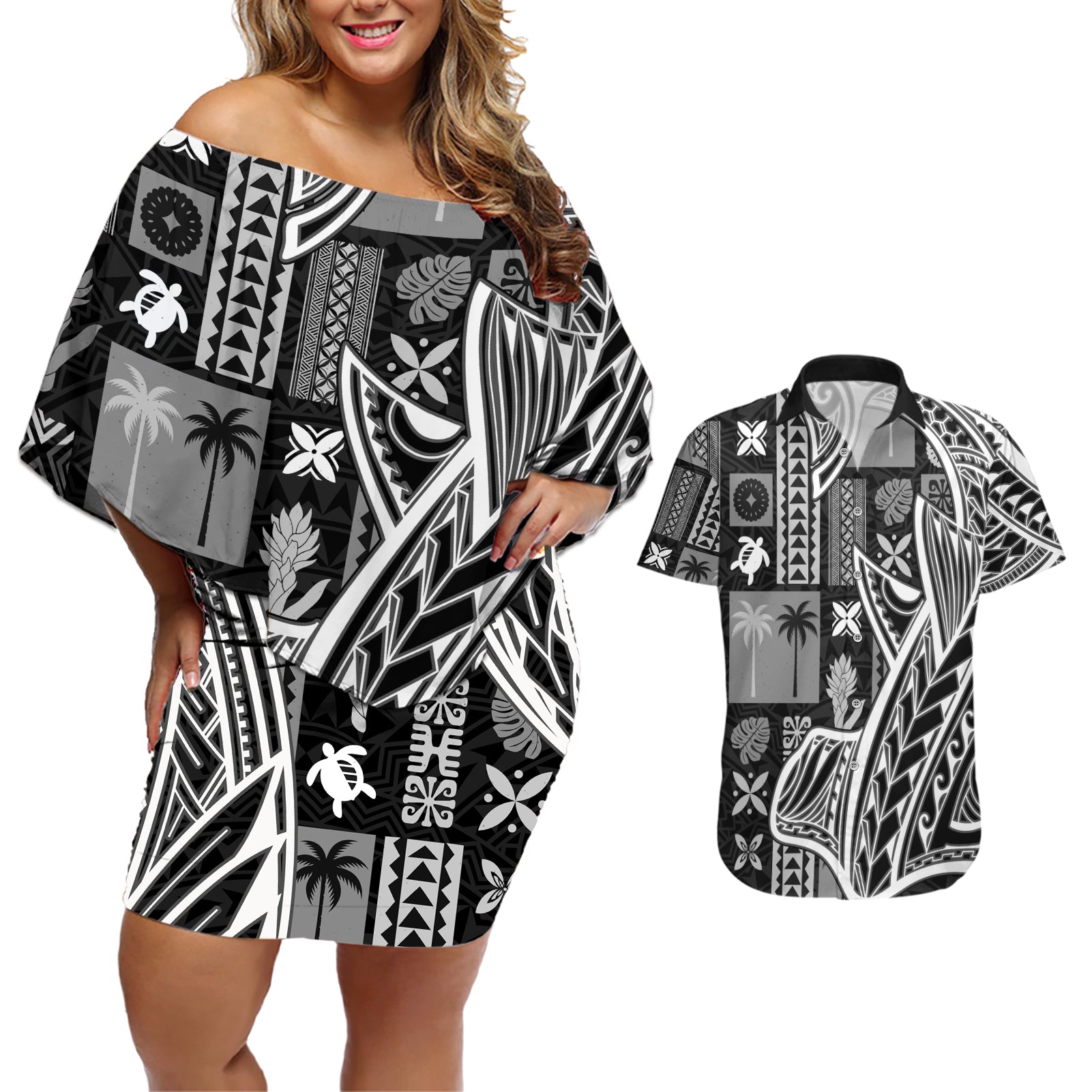 Samoa Tapa Couples Matching Off Shoulder Short Dress and Hawaiian Shirt Siapo Mix Tatau Patterns - Black LT7 Black - Polynesian Pride