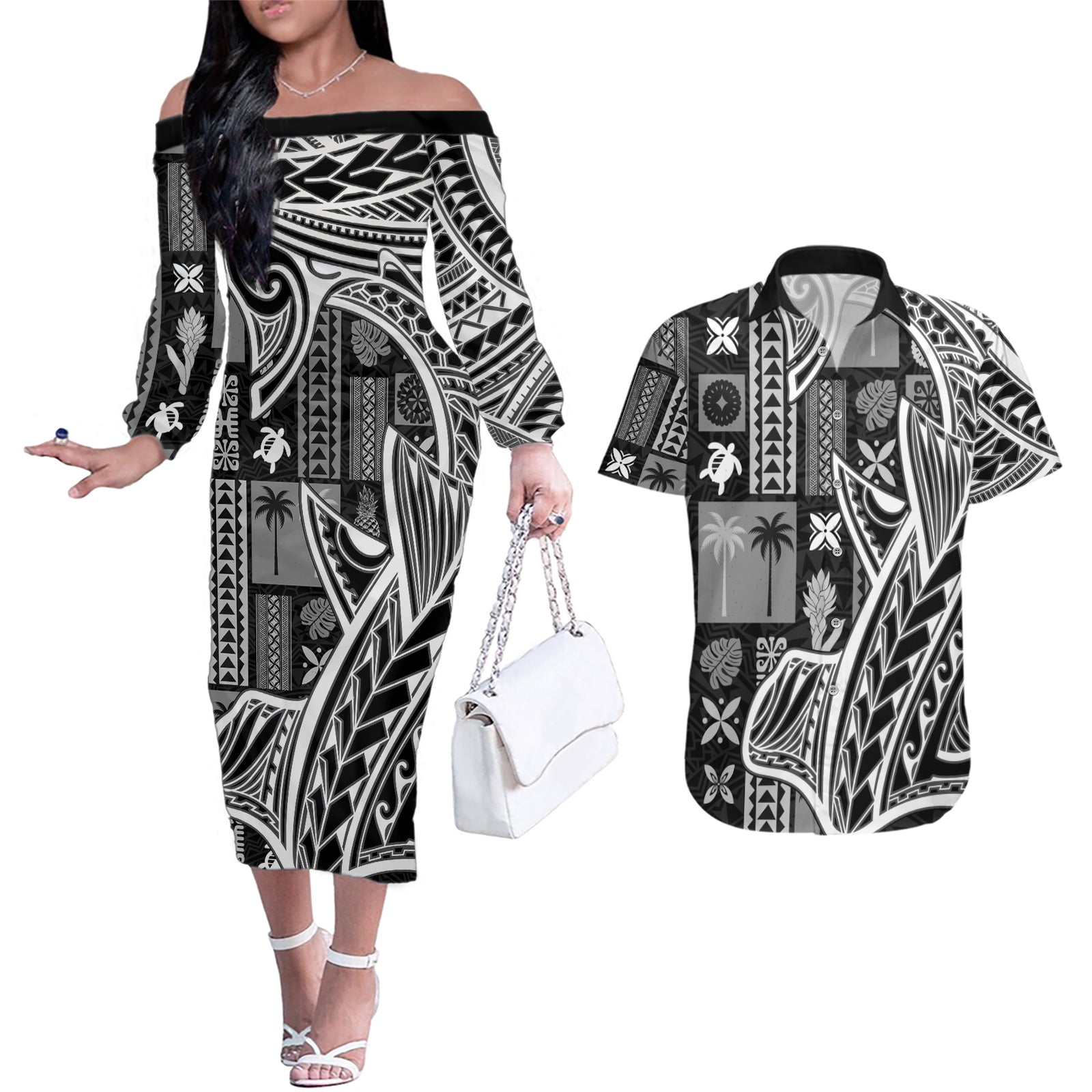 Samoa Tapa Couples Matching Off The Shoulder Long Sleeve Dress and Hawaiian Shirt Siapo Mix Tatau Patterns - Black LT7 Black - Polynesian Pride