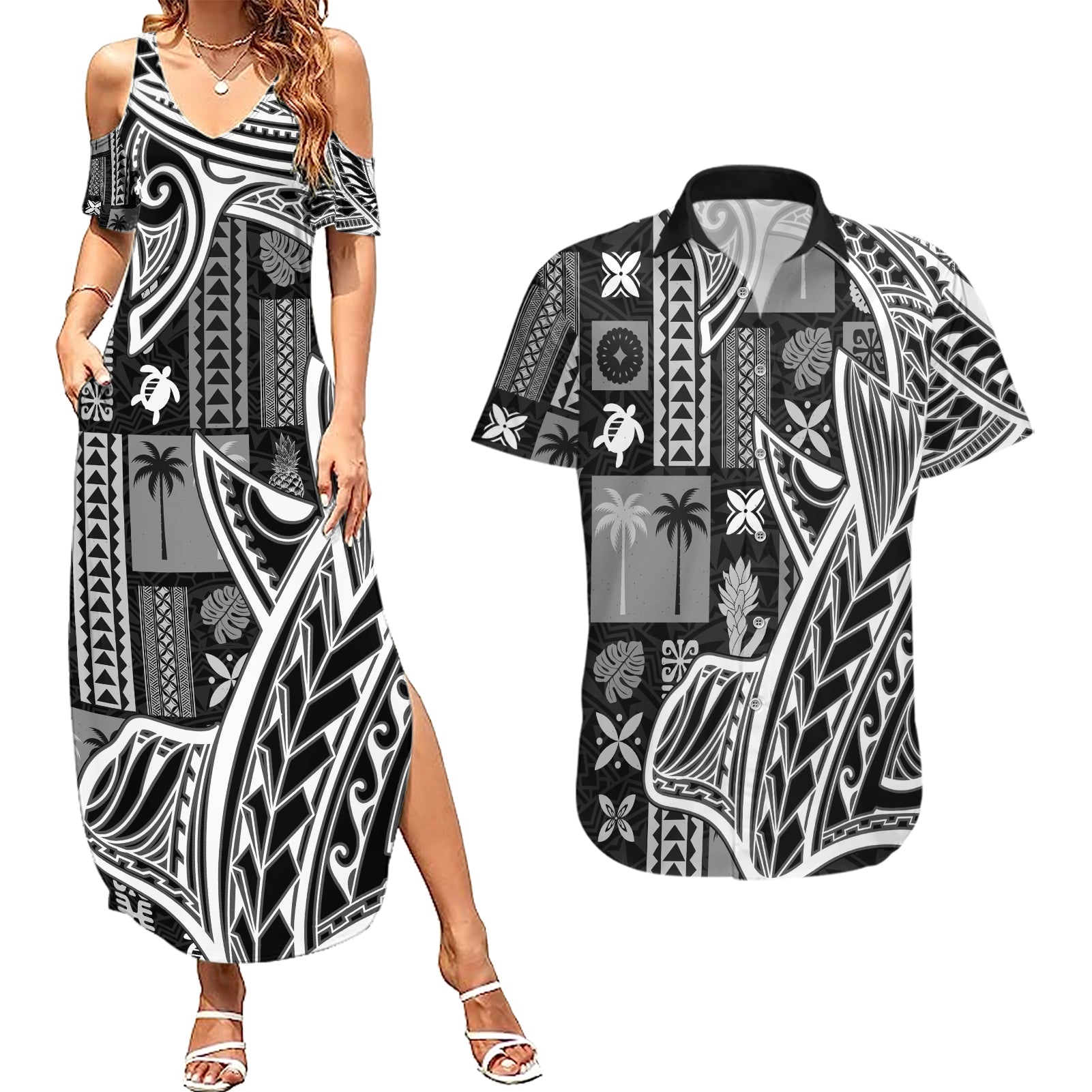 Samoa Tapa Couples Matching Summer Maxi Dress and Hawaiian Shirt Siapo Mix Tatau Patterns - Black LT7 Black - Polynesian Pride