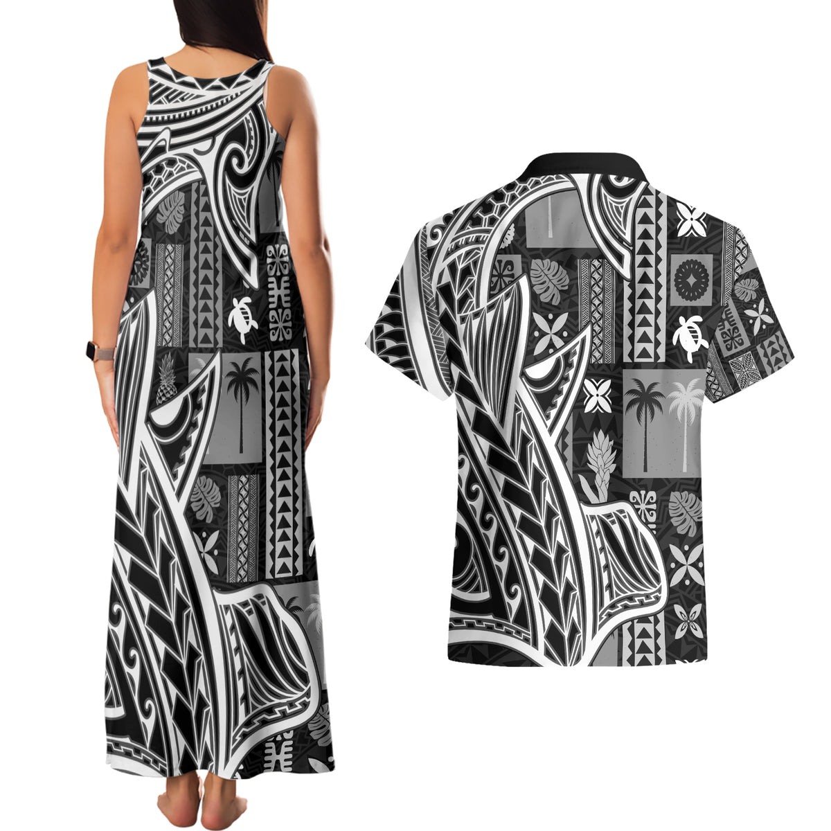 Samoa Tapa Couples Matching Tank Maxi Dress and Hawaiian Shirt Siapo Mix Tatau Patterns - Black LT7 - Polynesian Pride