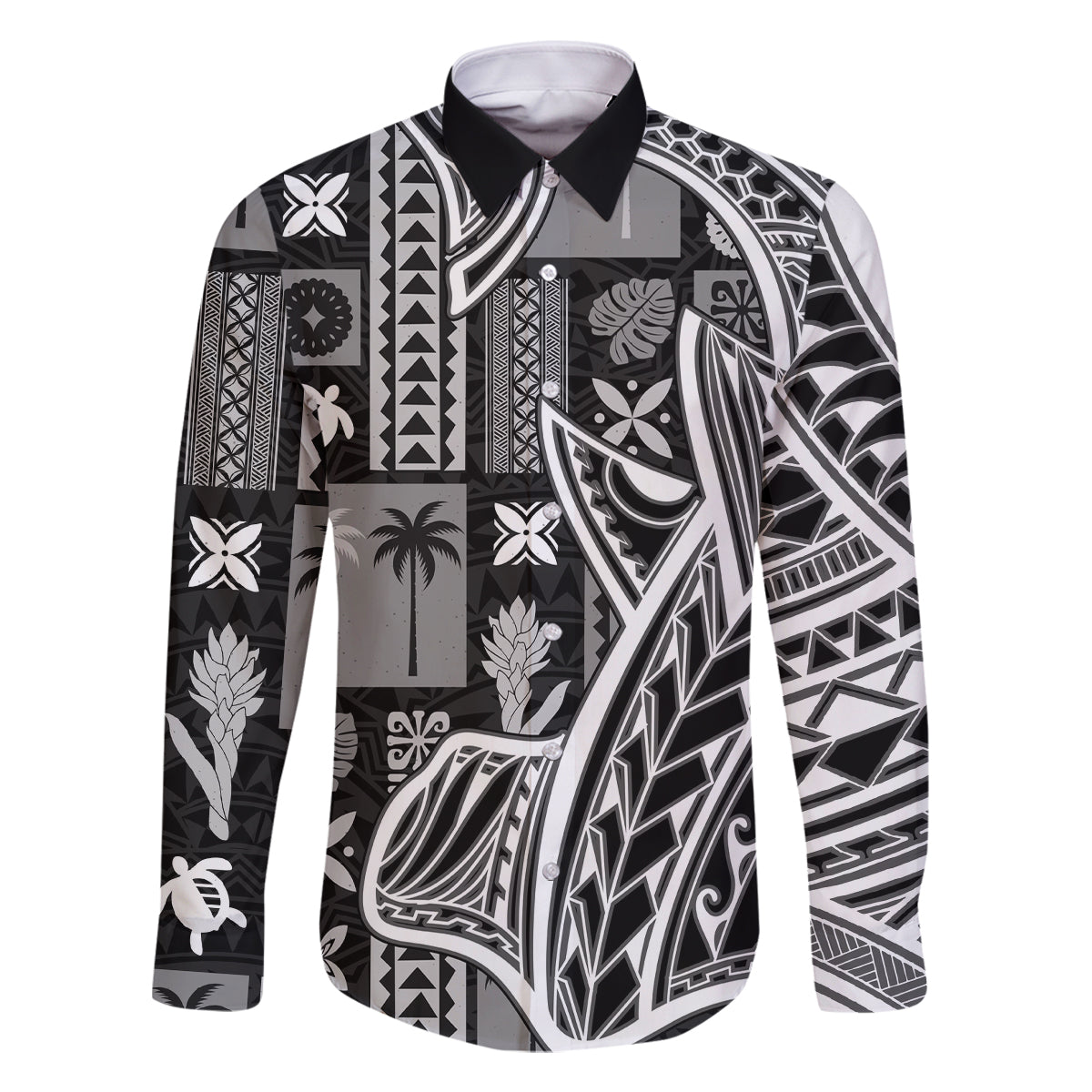 Samoa Tapa Family Matching Long Sleeve Bodycon Dress and Hawaiian Shirt Siapo Mix Tatau Patterns - Black LT7 Dad's Shirt - Long Sleeve Black - Polynesian Pride