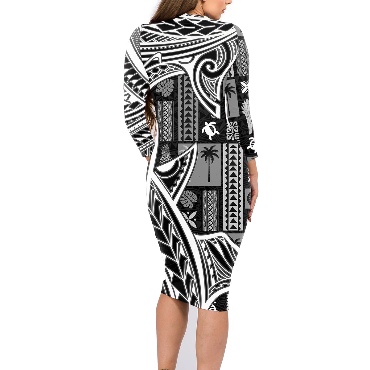 Samoa Tapa Family Matching Long Sleeve Bodycon Dress and Hawaiian Shirt Siapo Mix Tatau Patterns - Black LT7 - Polynesian Pride