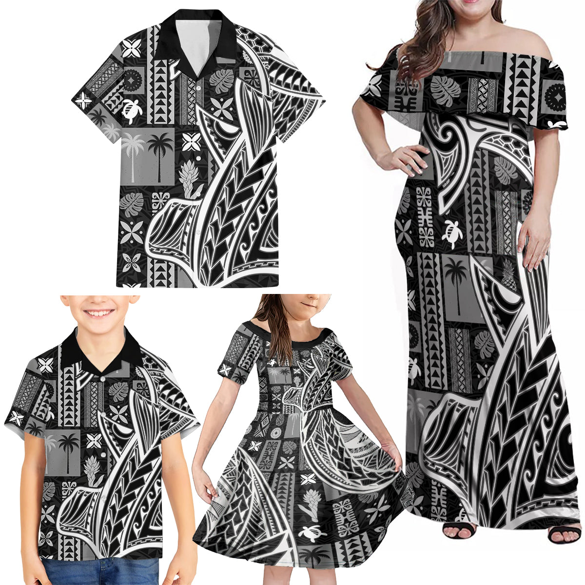 Samoa Tapa Family Matching Off Shoulder Maxi Dress and Hawaiian Shirt Siapo Mix Tatau Patterns - Black LT7 - Polynesian Pride