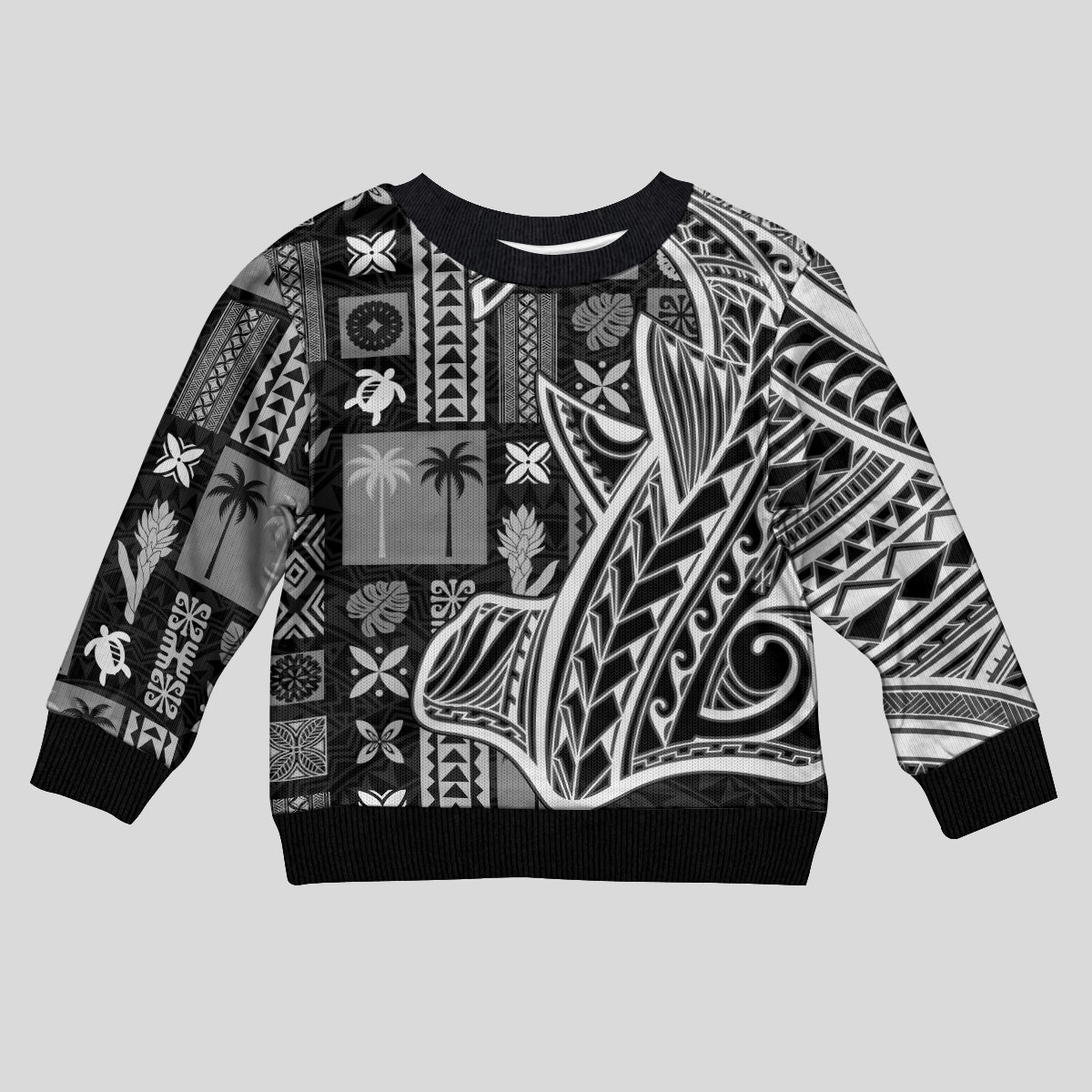 Samoa Tapa Kid Ugly Christmas Sweater Siapo Mix Tatau Patterns - Black LT7 Kid Black - Polynesian Pride