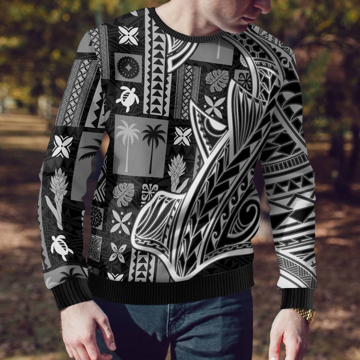 Samoa Tapa Ugly Christmas Sweater Siapo Mix Tatau Patterns - Black LT7 - Polynesian Pride