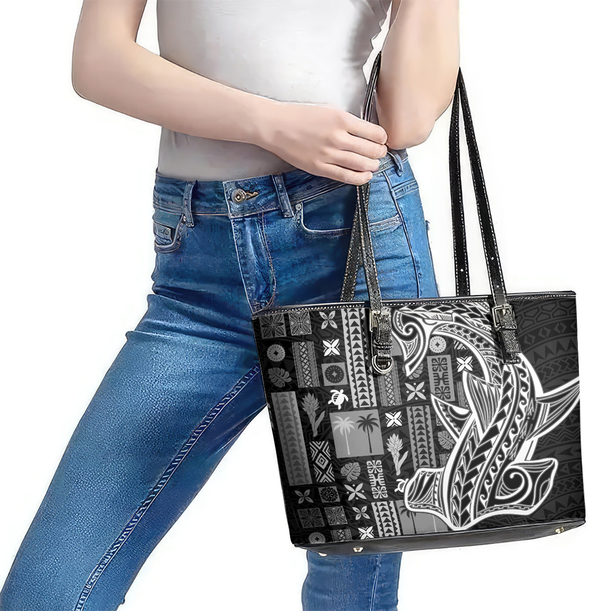 Samoa Tapa Leather Tote Bag - Siapo Mix Tatau Patterns Black LT7 - Polynesian Pride