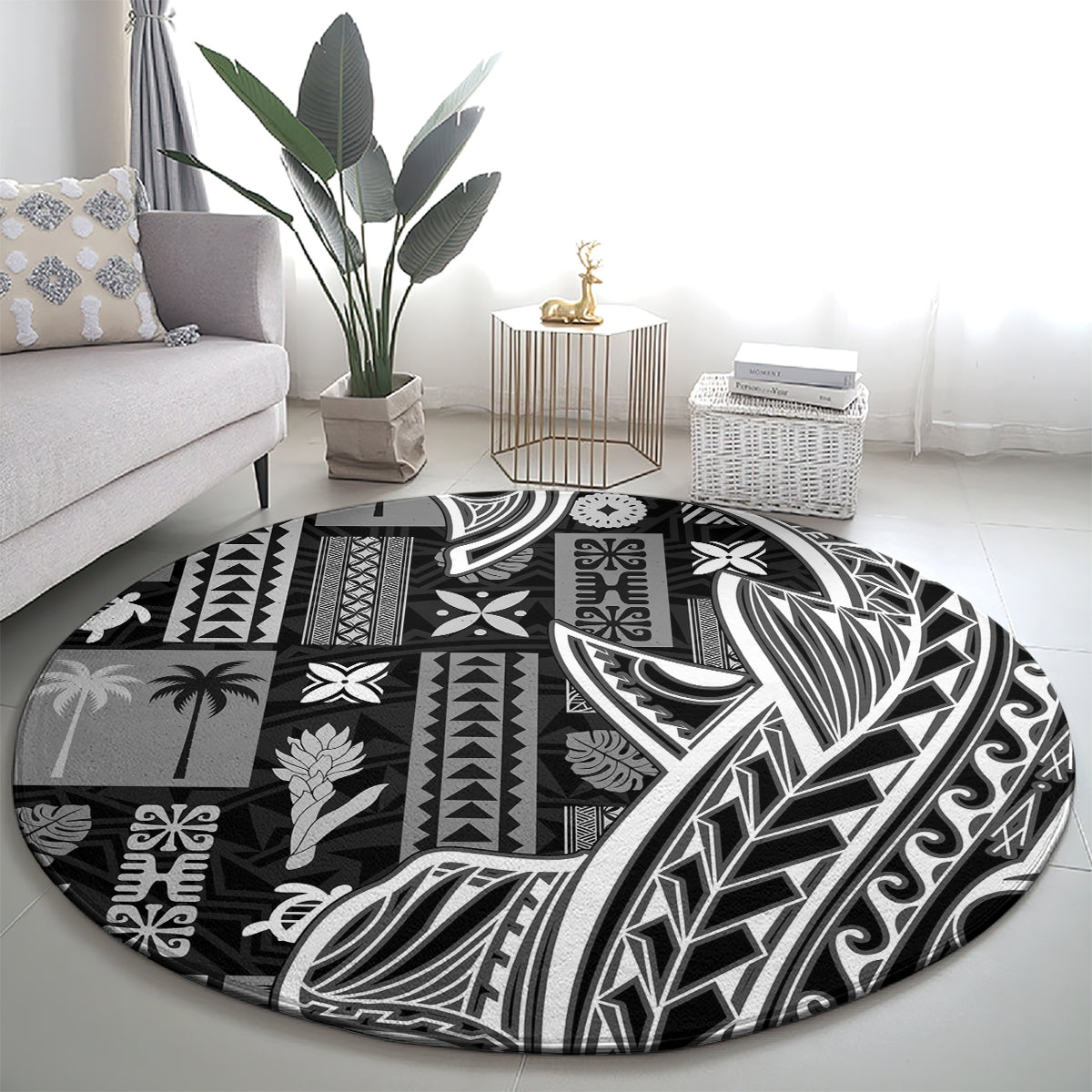 Samoa Tapa Round Carpet Siapo Mix Tatau Patterns - Black LT7 - Polynesian Pride