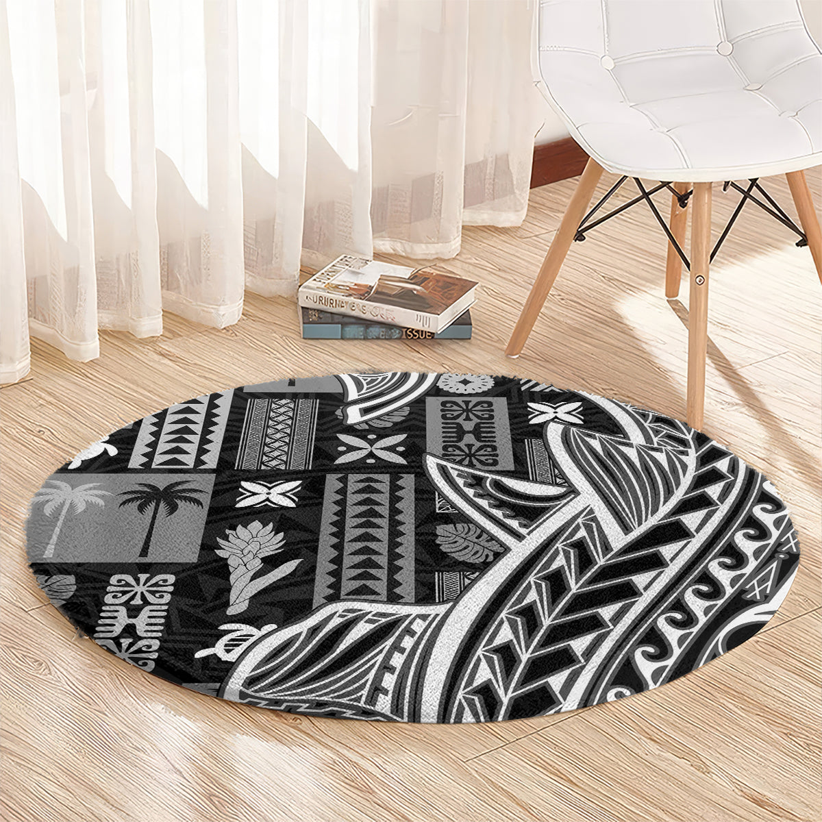 Samoa Tapa Round Carpet Siapo Mix Tatau Patterns - Black LT7 - Polynesian Pride