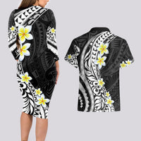 Hawaii Aloha Couples Matching Long Sleeve Bodycon Dress and Hawaiian Shirt Plumeria Vintage - Black LT7 - Polynesian Pride