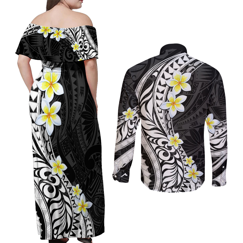 Hawaii Aloha Couples Matching Off Shoulder Maxi Dress and Long Sleeve Button Shirt Plumeria Vintage - Black LT7 - Polynesian Pride