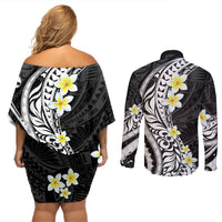 Hawaii Aloha Couples Matching Off Shoulder Short Dress and Long Sleeve Button Shirt Plumeria Vintage - Black LT7 - Polynesian Pride