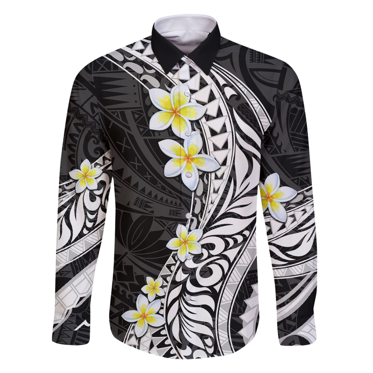 Hawaii Aloha Family Matching Summer Maxi Dress and Hawaiian Shirt Plumeria Vintage - Black LT7 Dad's Shirt - Long Sleeve Black - Polynesian Pride