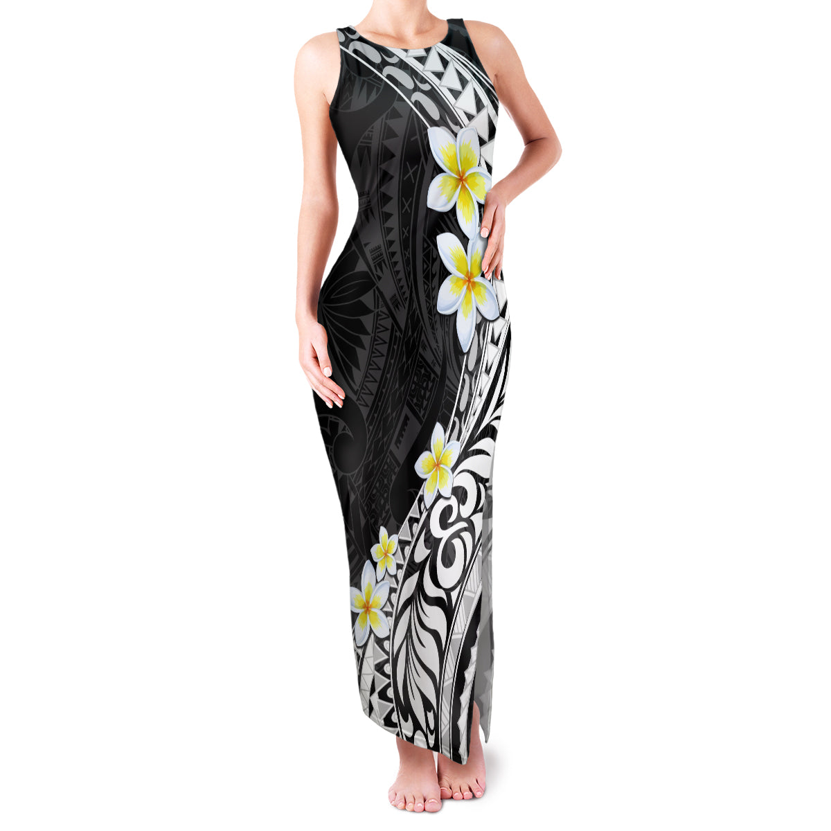 Hawaii Aloha Family Matching Tank Maxi Dress and Hawaiian Shirt Plumeria Vintage - Black LT7 Mom's Dress Black - Polynesian Pride