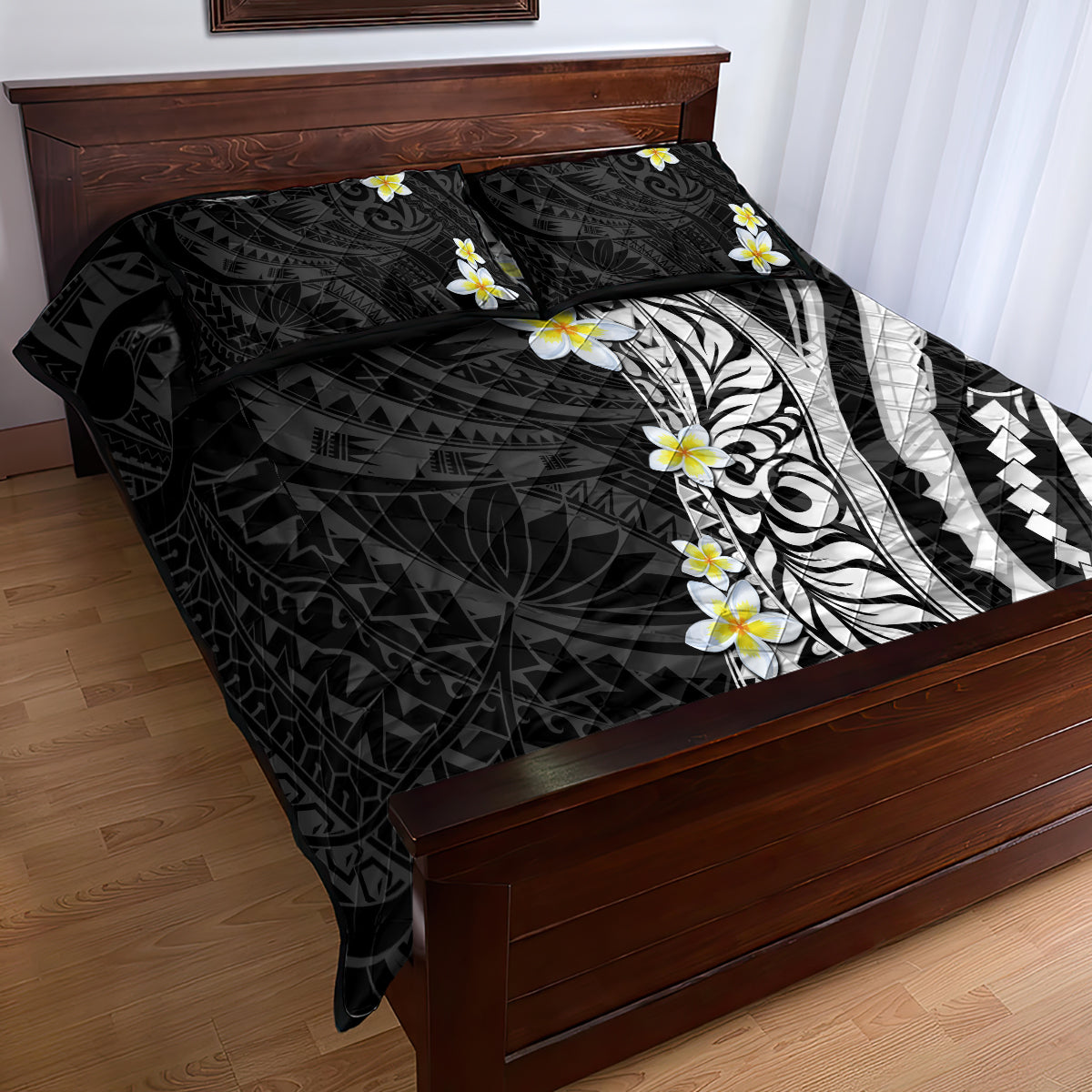 Hawaii Aloha Quilt Bed Set Plumeria Vintage - Black LT7 - Polynesian Pride