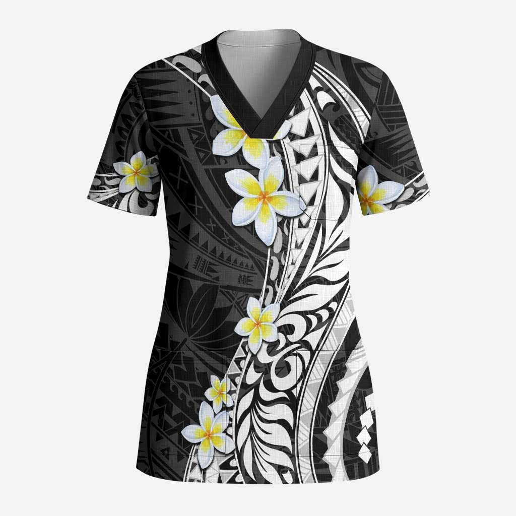 Hawaii Aloha Scrub Top Plumeria Vintage - Black - Polynesian Pride