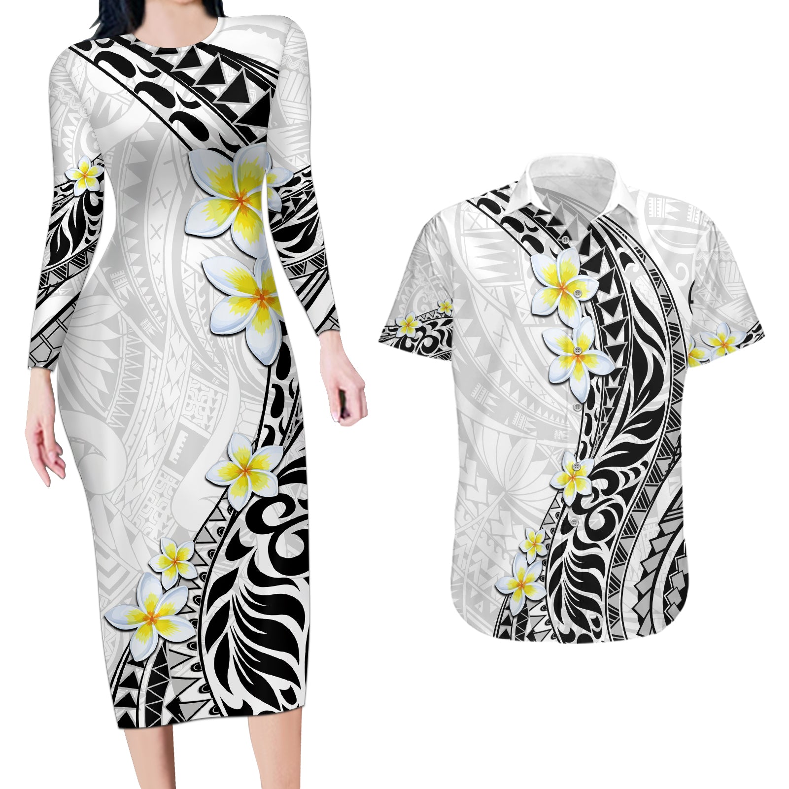 Hawaii Aloha Couples Matching Long Sleeve Bodycon Dress and Hawaiian Shirt Plumeria Vintage - White LT7 White - Polynesian Pride