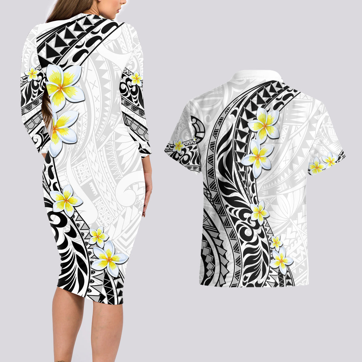 Hawaii Aloha Couples Matching Long Sleeve Bodycon Dress and Hawaiian Shirt Plumeria Vintage - White LT7 - Polynesian Pride