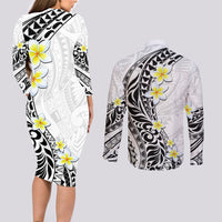 Hawaii Aloha Couples Matching Long Sleeve Bodycon Dress and Long Sleeve Button Shirt Plumeria Vintage - White LT7 - Polynesian Pride