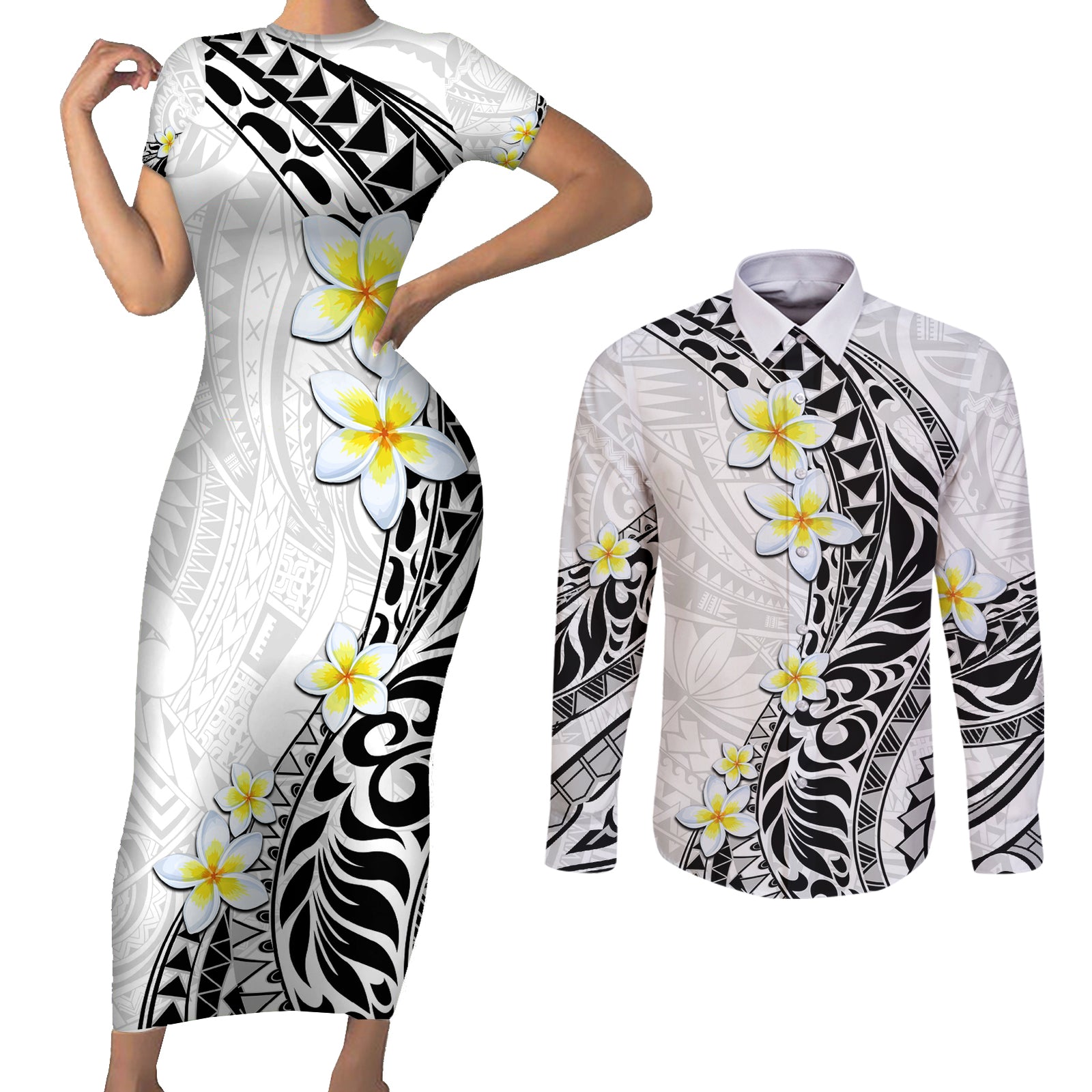 Hawaii Aloha Couples Matching Short Sleeve Bodycon Dress and Long Sleeve Button Shirt Plumeria Vintage - White LT7 White - Polynesian Pride