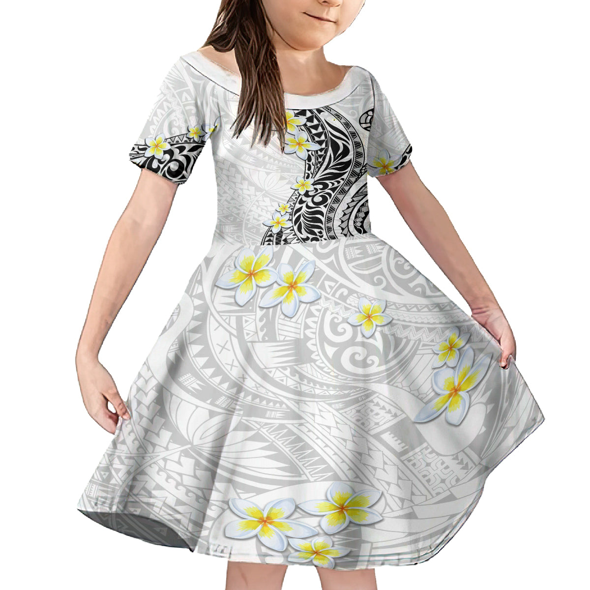 Hawaii Aloha Kid Short Sleeve Dress Plumeria Vintage - White LT7 KID White - Polynesian Pride