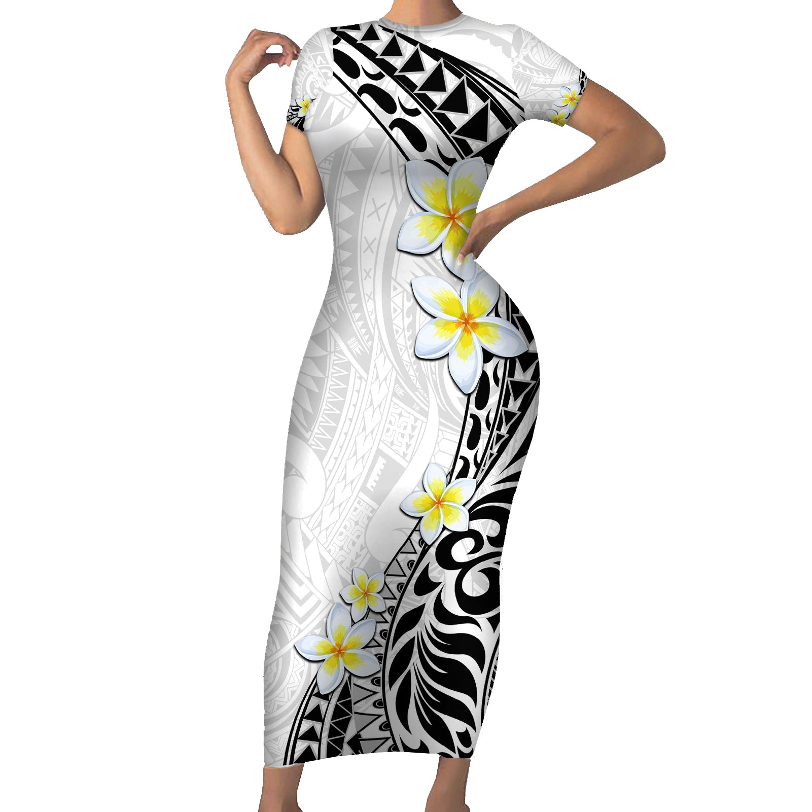 Hawaii Aloha Short Sleeve Bodycon Dress Plumeria Vintage - White LT7 Long Dress White - Polynesian Pride