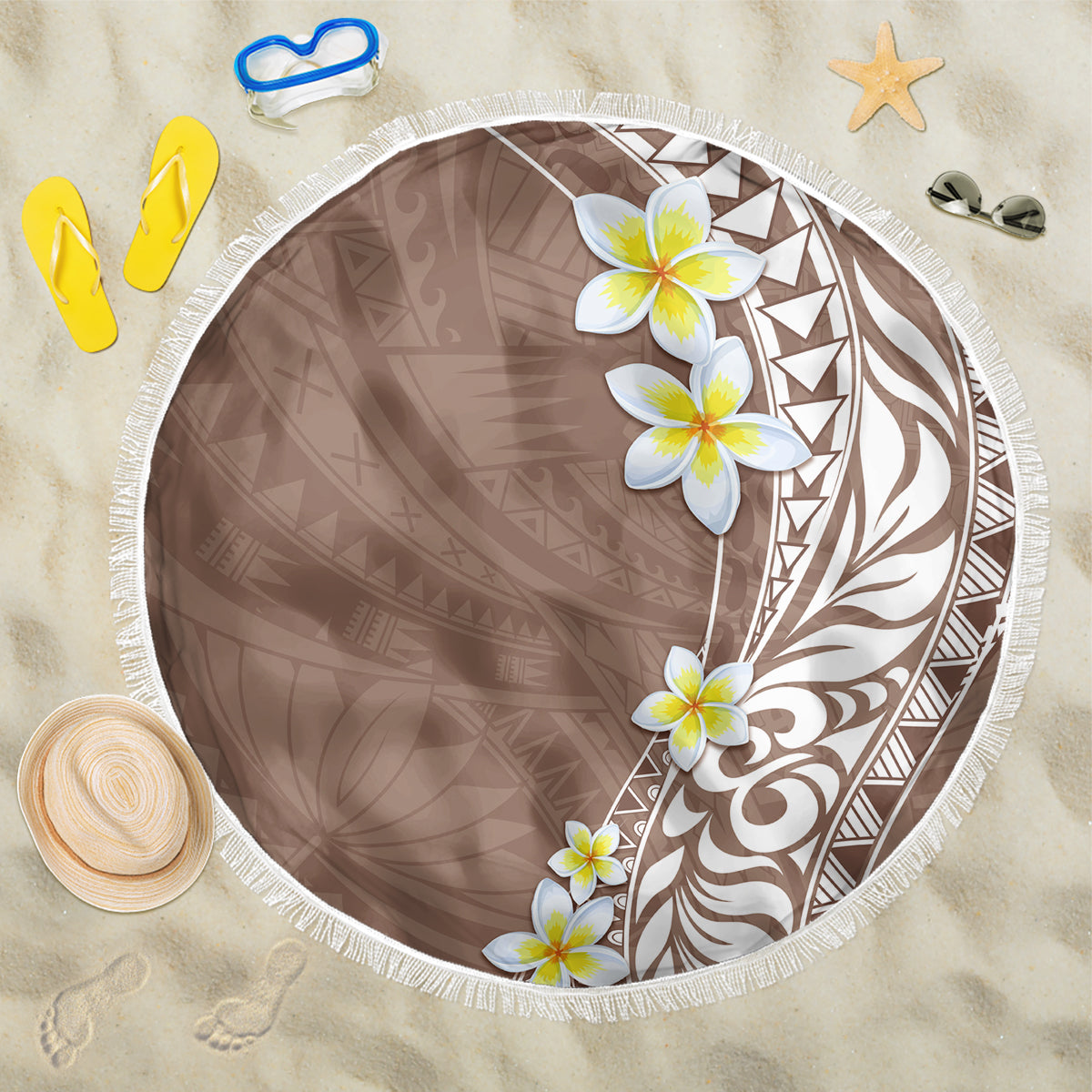 Hawaii Aloha Beach Blanket Plumeria Vintage - Brown LT7 One Size 150cm Brown - Polynesian Pride