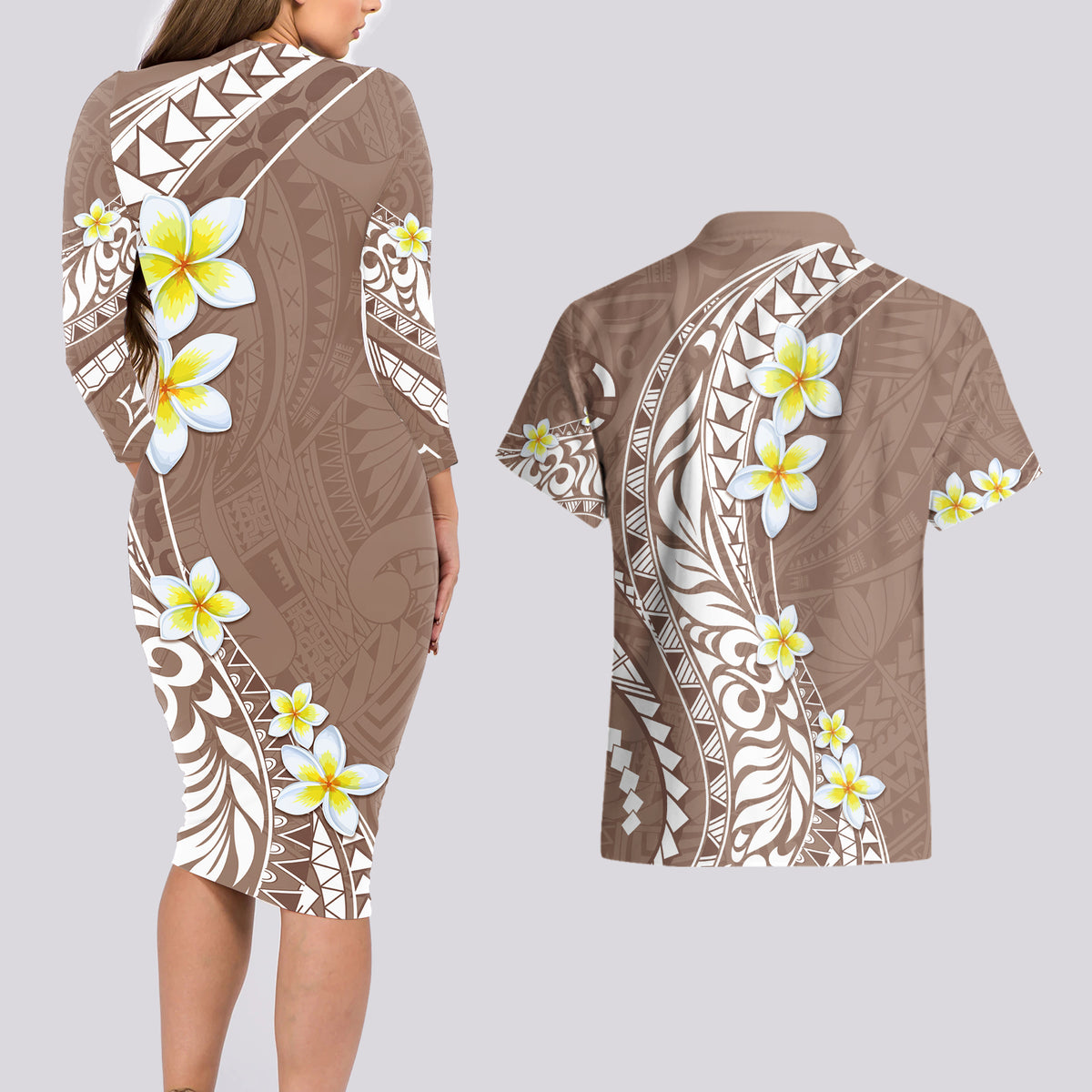 Hawaii Aloha Couples Matching Long Sleeve Bodycon Dress and Hawaiian Shirt Plumeria Vintage - Brown LT7 - Polynesian Pride