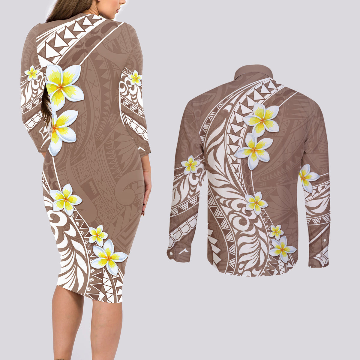 Hawaii Aloha Couples Matching Long Sleeve Bodycon Dress and Long Sleeve Button Shirt Plumeria Vintage - Brown LT7 - Polynesian Pride