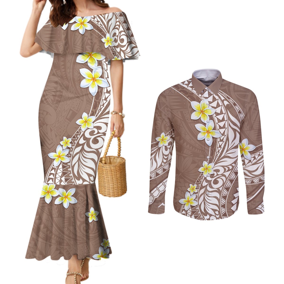 Hawaii Aloha Couples Matching Mermaid Dress and Long Sleeve Button Shirt Plumeria Vintage - Brown LT7 Brown - Polynesian Pride